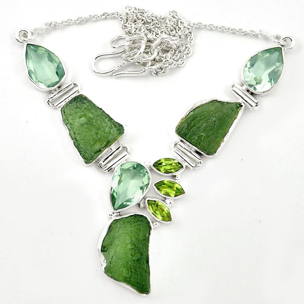 Natural green moldavite (genuine czech) 925 silver necklace jewelry m26512