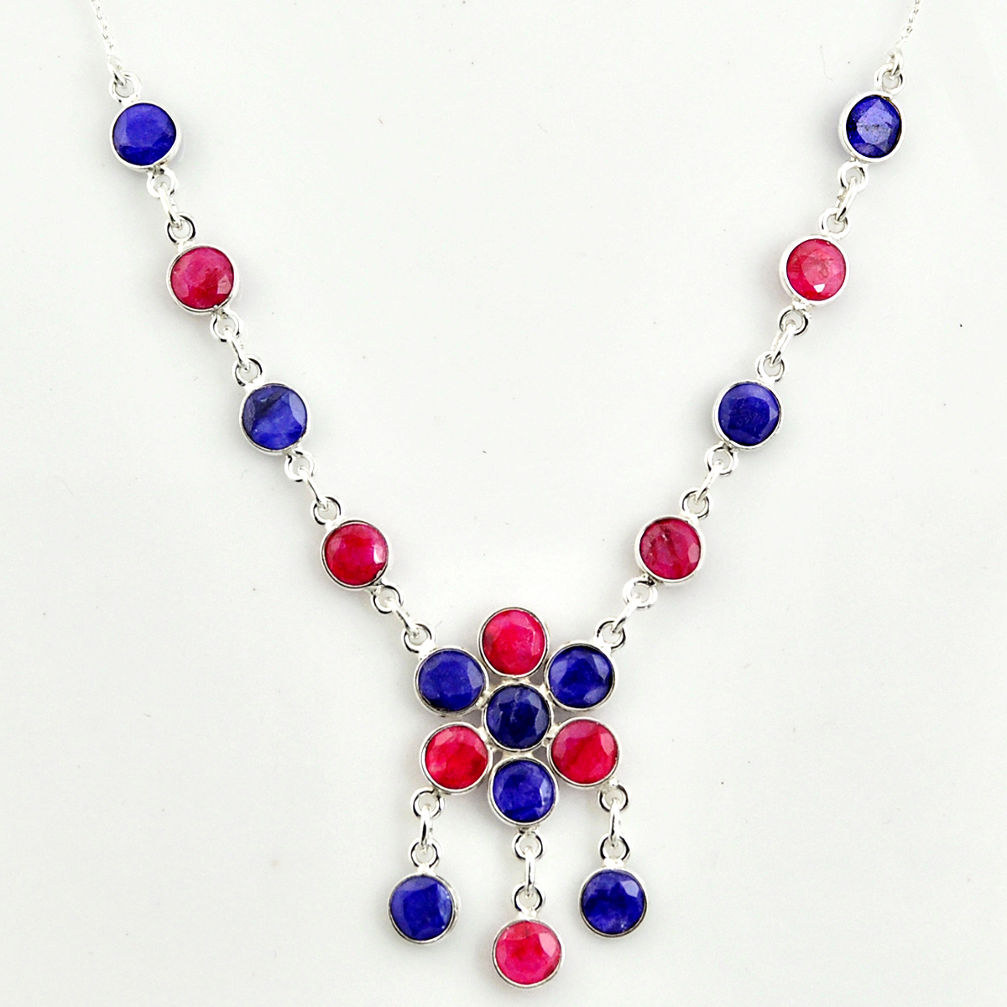 925 sterling silver 19.57cts natural red ruby blue sapphire necklace r14410