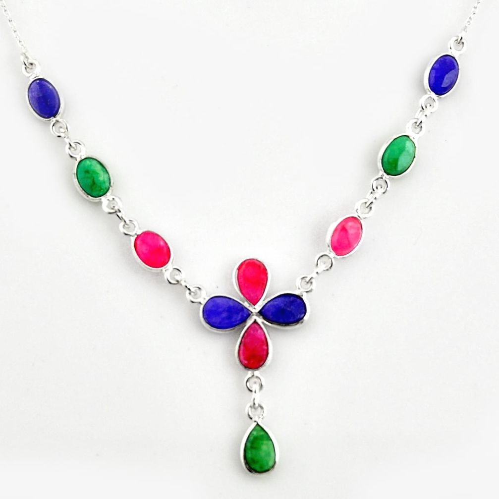 925 sterling silver 17.67cts natural blue sapphire ruby emerald necklace r14418