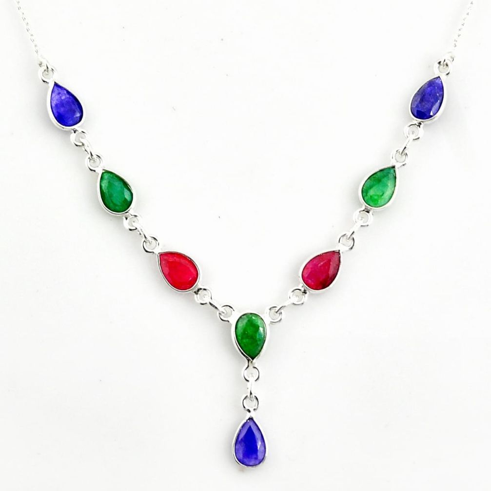 15.76cts natural blue sapphire ruby emerald 925 silver necklace jewelry r14419