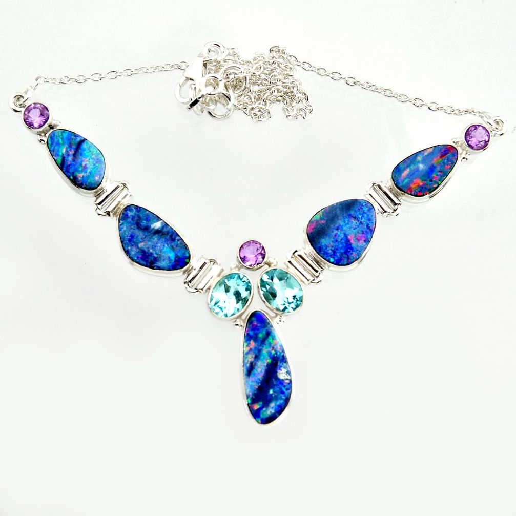 30.39cts natural blue doublet opal australian topaz 925 silver necklace r14602