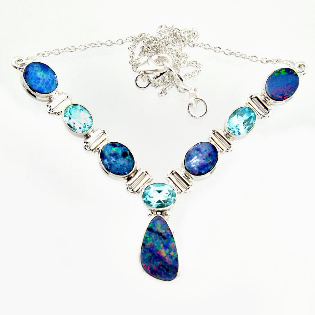 925 silver 27.39cts natural blue doublet opal australian topaz necklace r14604
