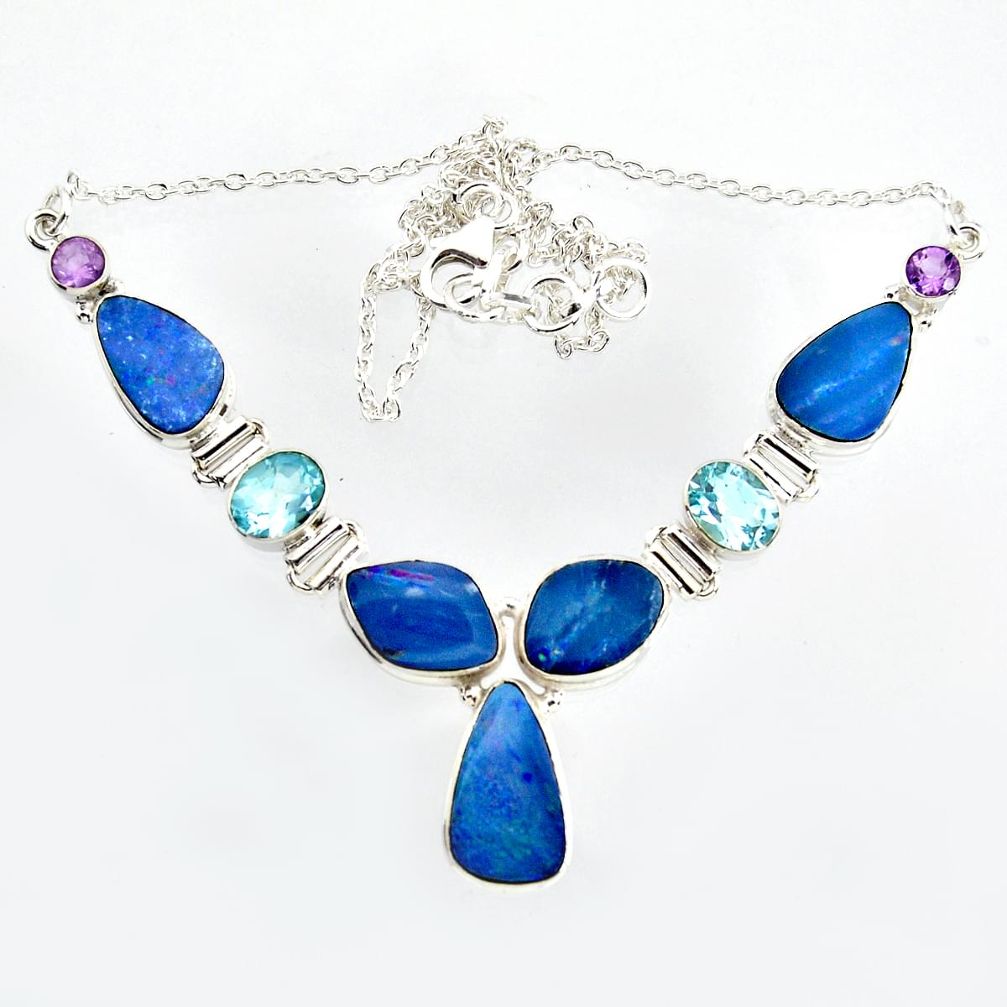 925 silver 35.51cts natural blue doublet opal australian topaz necklace r14608