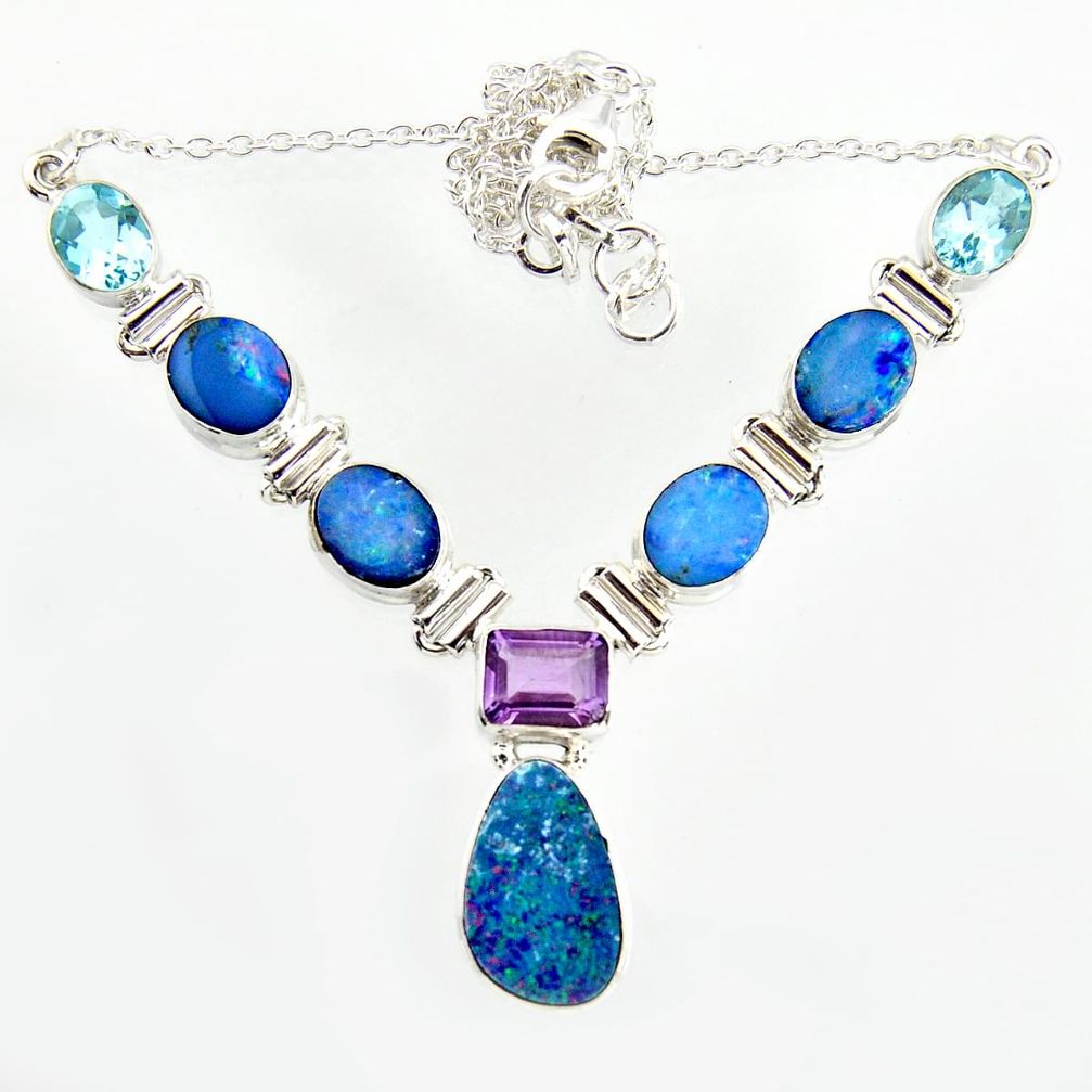32.35cts natural blue doublet opal australian topaz 925 silver necklace r14610