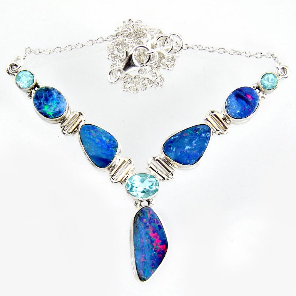 925 silver 30.07cts natural blue doublet opal australian topaz necklace r14612