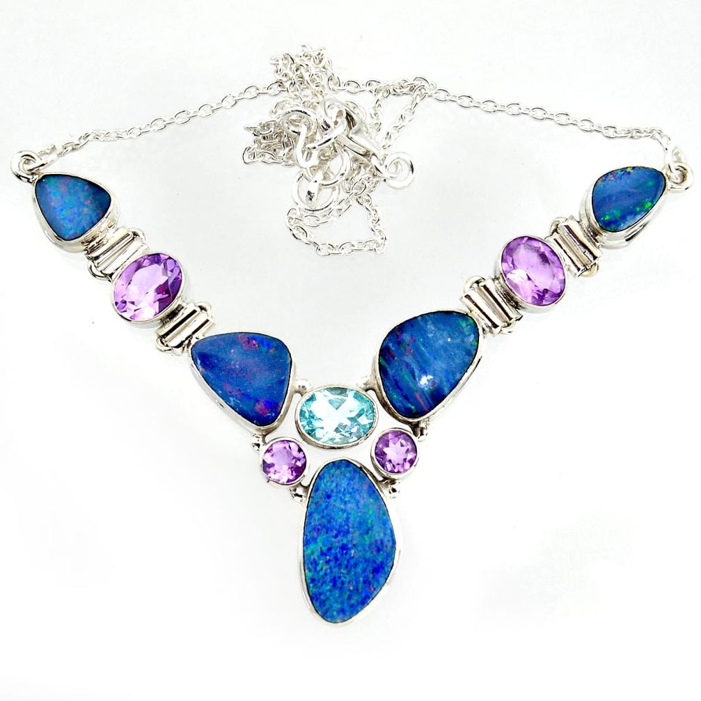 33.78cts natural blue doublet opal australian topaz 925 silver necklace r14614
