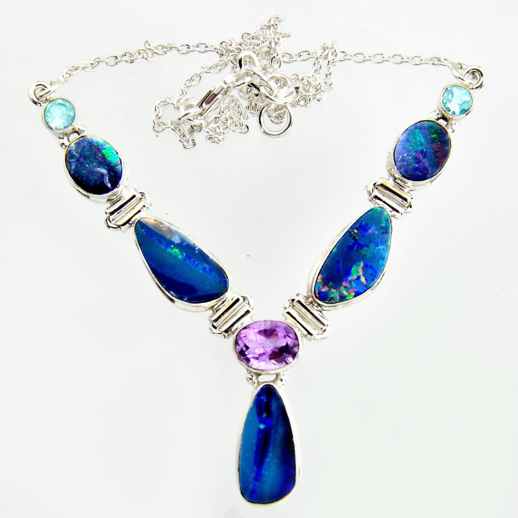 25.86cts natural blue doublet opal australian topaz 925 silver necklace r14615