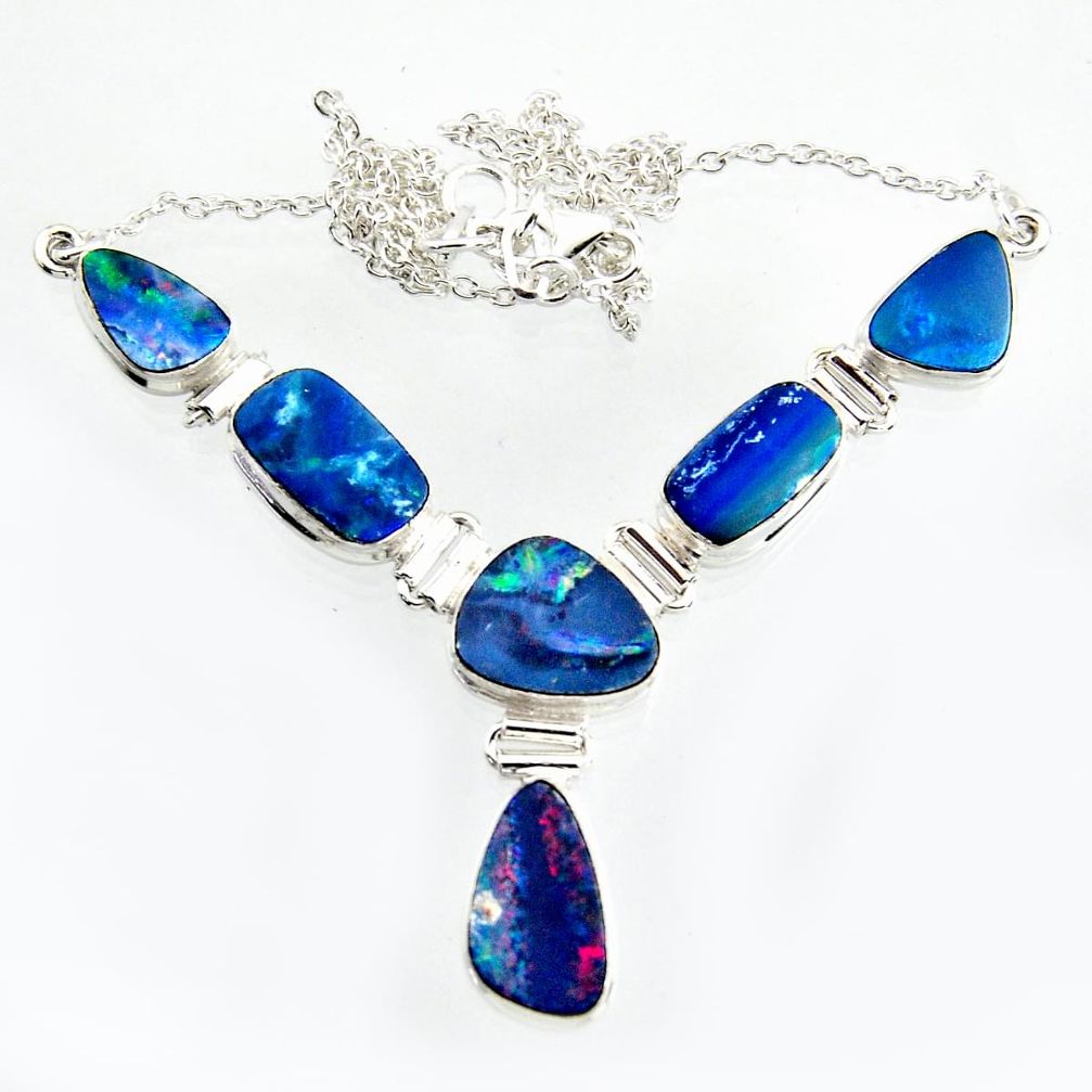 32.11cts natural blue doublet opal australian 925 silver necklace r14624