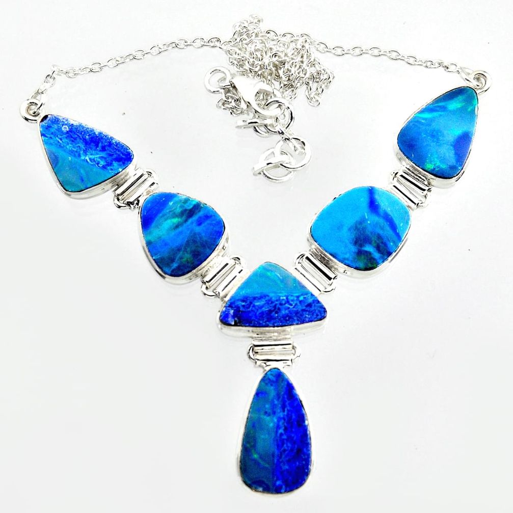 35.51cts natural blue doublet opal australian 925 silver necklace r14627