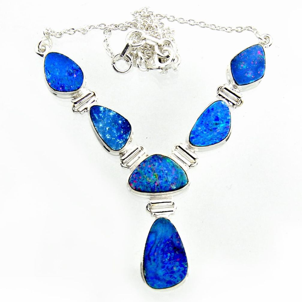 32.08cts natural blue doublet opal australian 925 silver necklace r14631