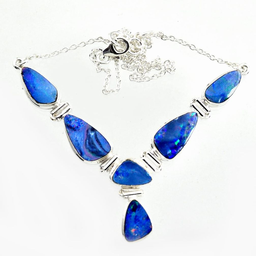 29.22cts natural blue doublet opal australian 925 silver necklace r14633