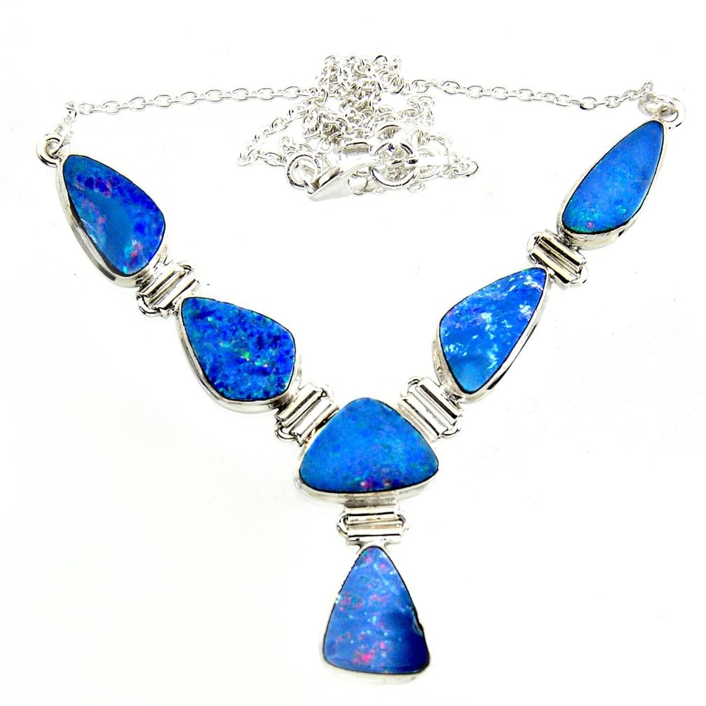 32.74cts natural blue doublet opal australian 925 silver necklace r14636