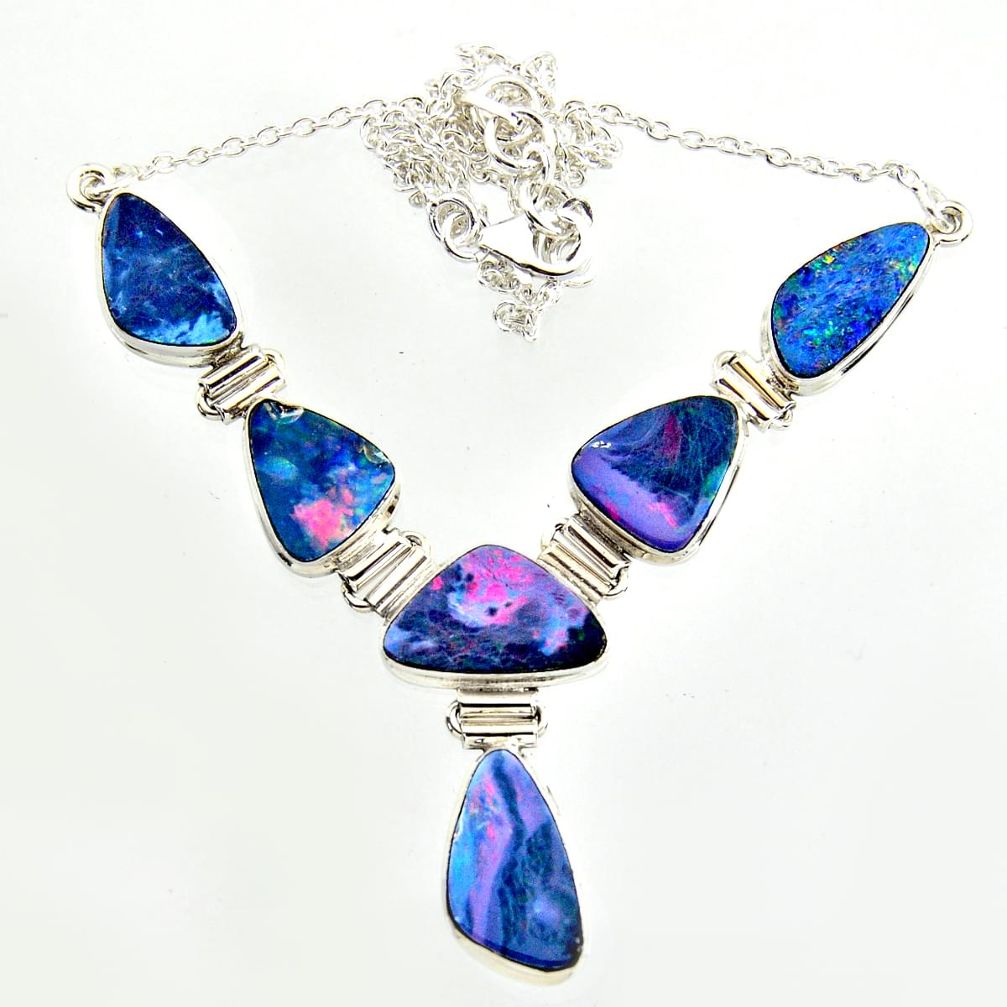 31.15cts natural blue doublet opal australian 925 silver necklace r14637