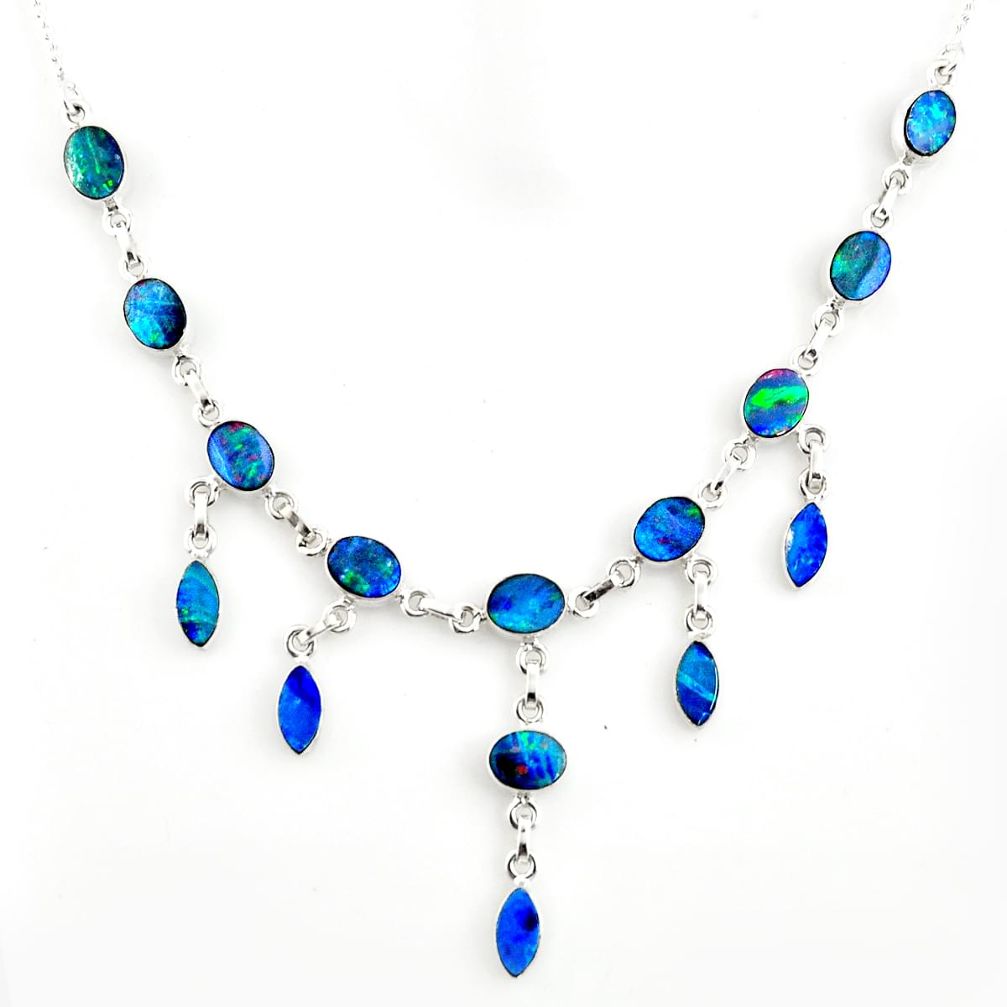 31.82cts natural blue doublet opal australian 925 silver necklace r14643