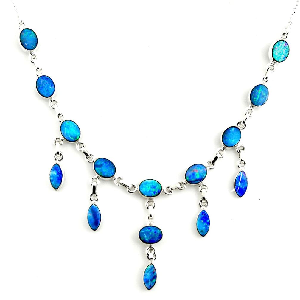 31.82cts natural blue doublet opal australian 925 silver necklace r14650