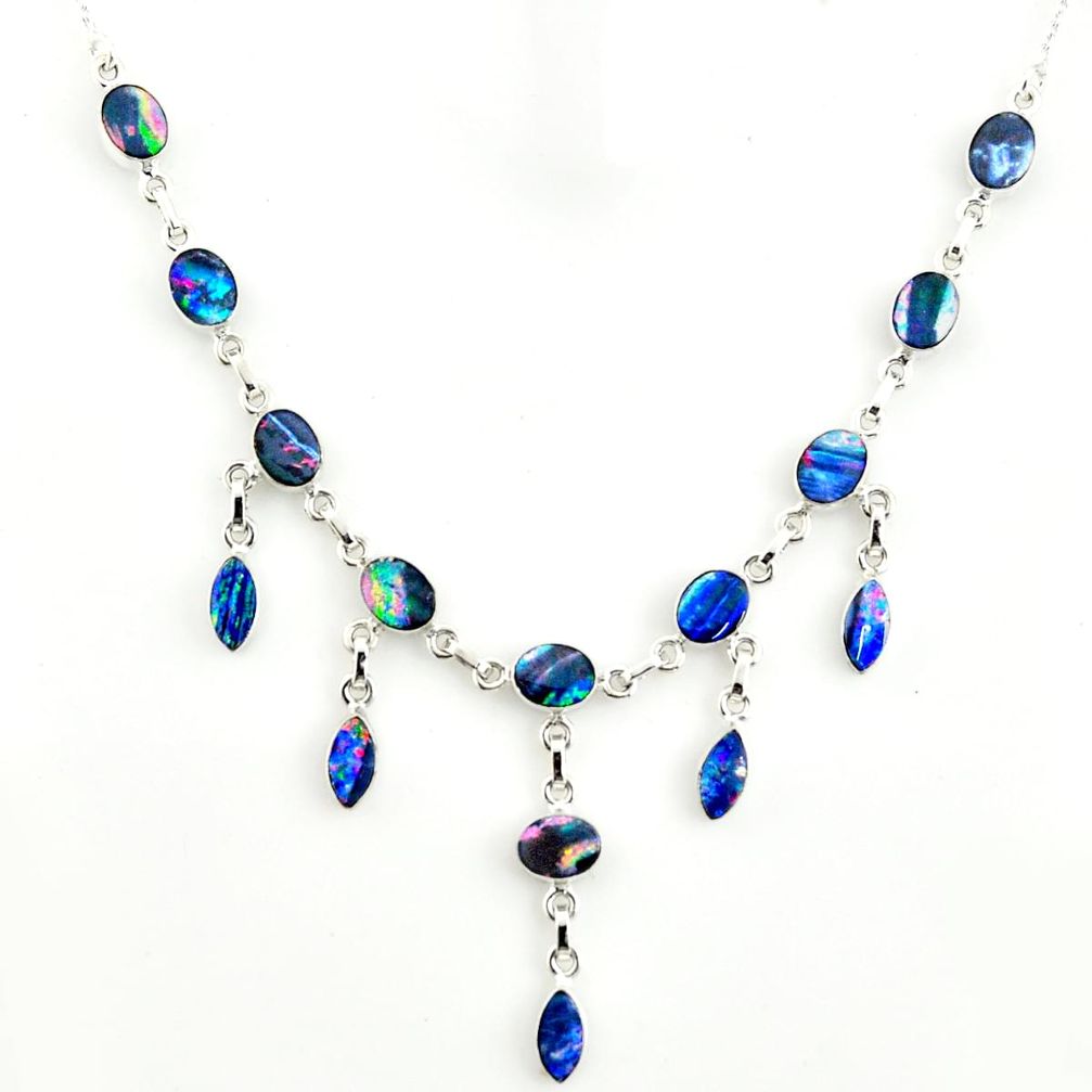 30.72cts natural blue doublet opal australian 925 silver necklace r14658