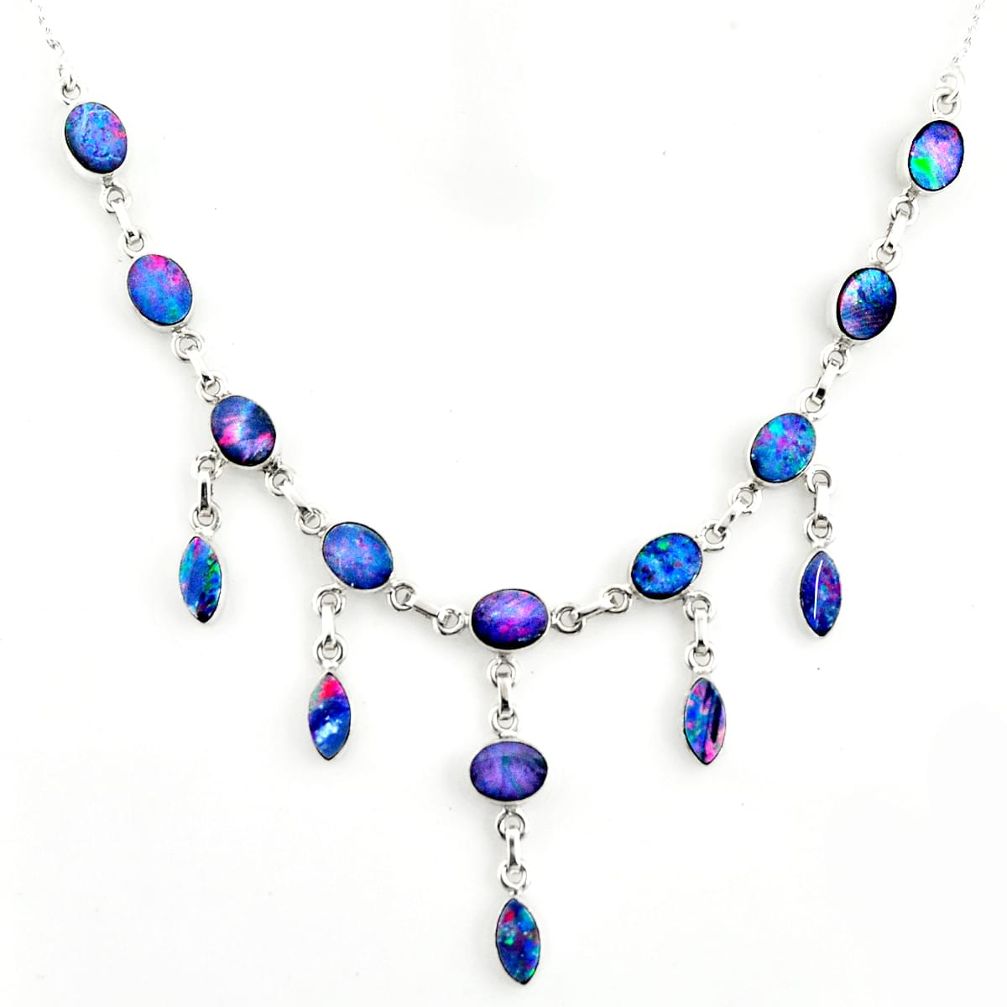 30.05cts natural blue doublet opal australian 925 silver necklace r14659