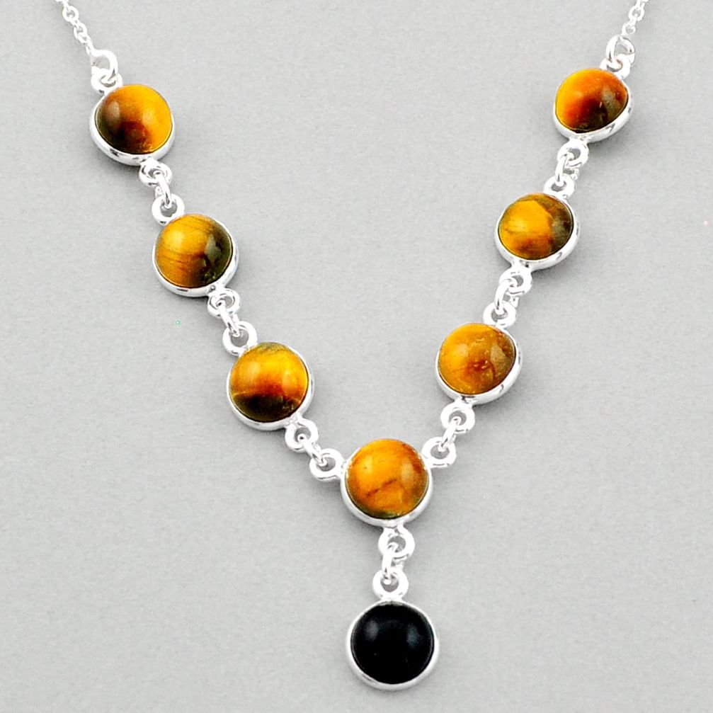 20.15cts natural black onyx tiger's eye 925 sterling silver necklace u3396