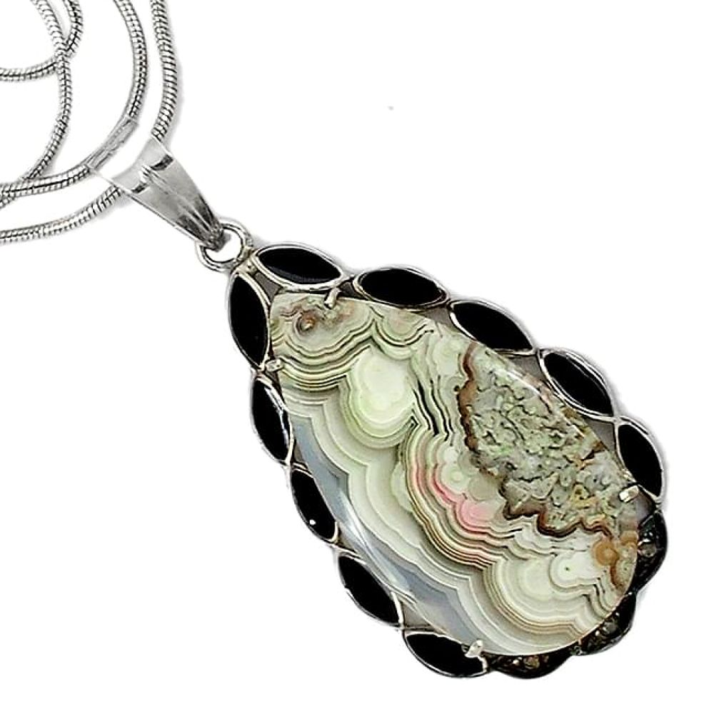 24.64cts estate diamond mexican laguna lace agate 925 silver necklace v1536