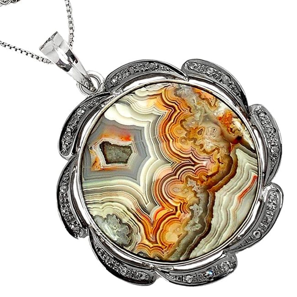 30.02cts vintage diamond mexican laguna lace agate 925 silver necklace v1958