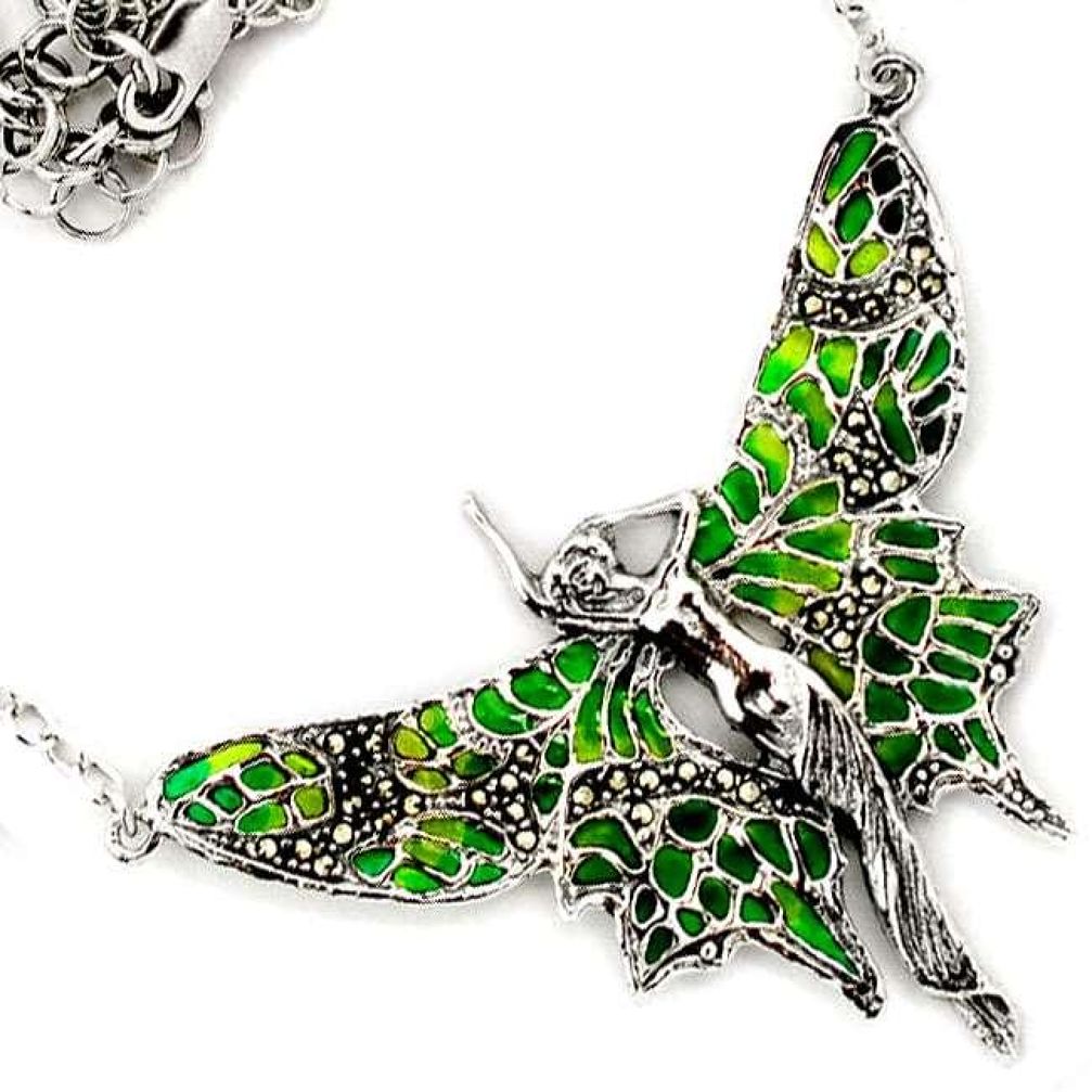 ANGEL FAIRY WINGS MARCASITE GREEN ENAMEL 925 STERLING SILVER NECKLACE H20769