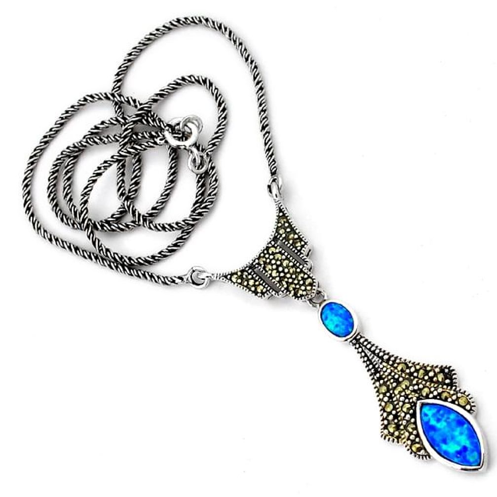 ART DECO MARCASITE BLUE AUSTRALIAN FIRE OPAL 925 STERLING SILVER NECKLACE H30848