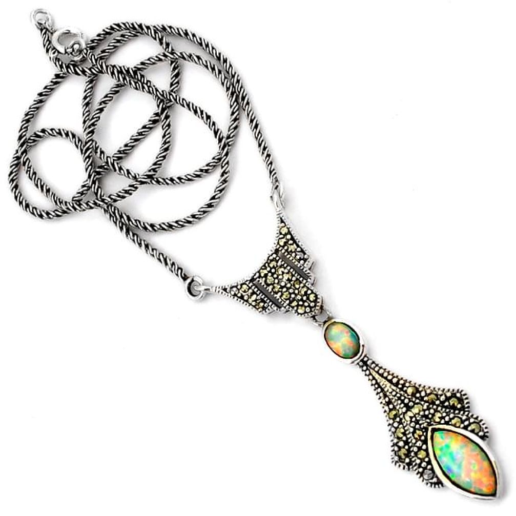 ART DECO MARCASITE RAINBOW AUSTRALIAN FIRE OPAL 925 SILVER NECKLACE H30849