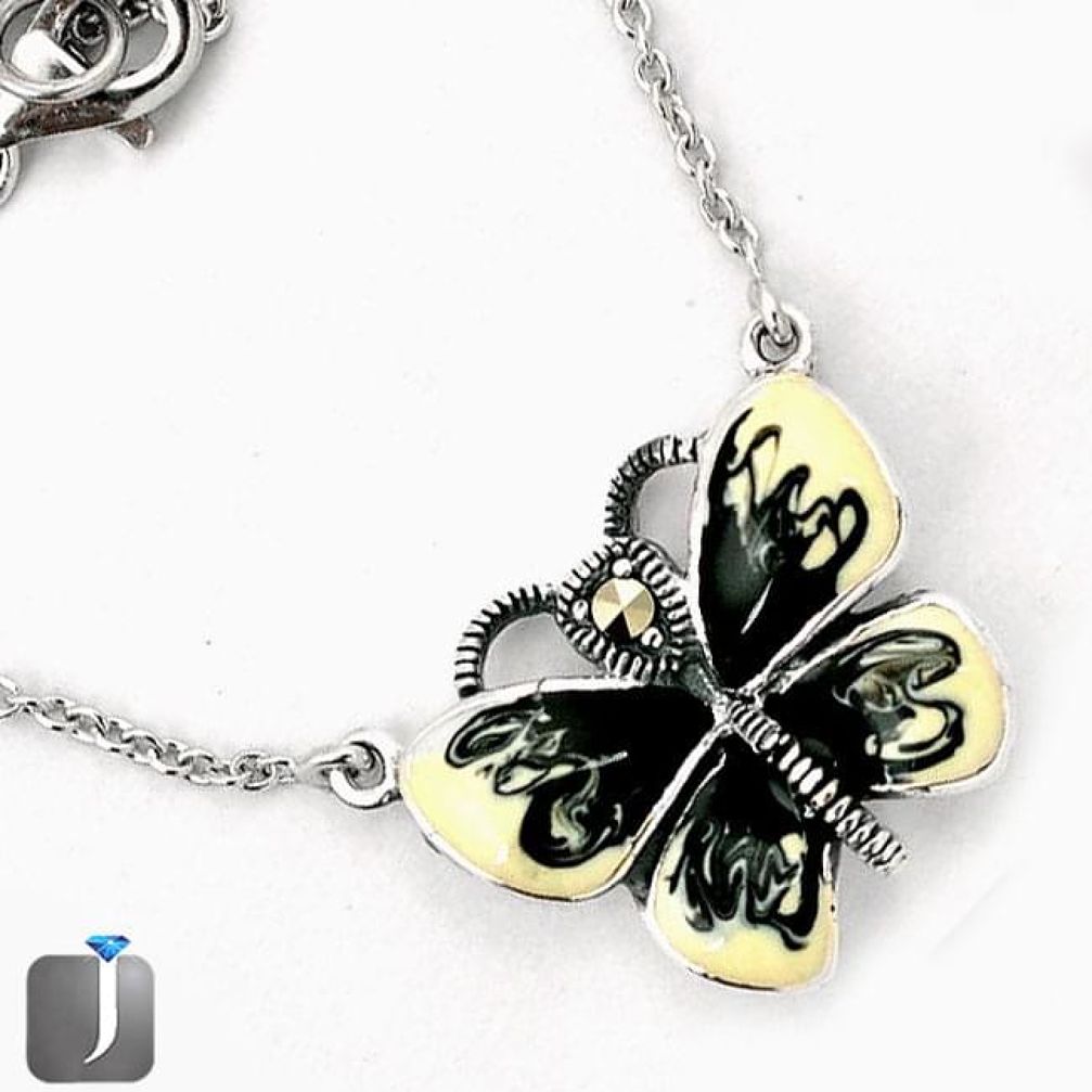 BLACK ENAMEL BUTTERFLY CHARM MARCASITE 925 SILVER NECKLACE CHAIN JEWELRY G44847