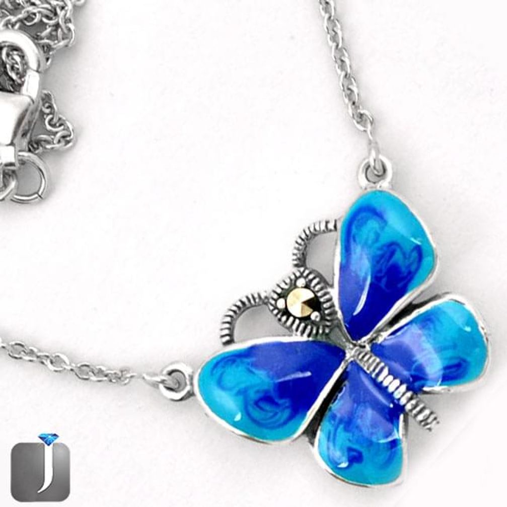 BLUE ENAMEL BUTTERFLY CHARM MARCASITE 925 SILVER NECKLACE CHAIN JEWELRY G44848