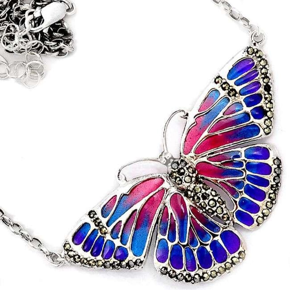BUTTERFLY ENAMEL MARCASITE 925 STERLING SILVER CHAIN NECKLACE JEWELRY H20778
