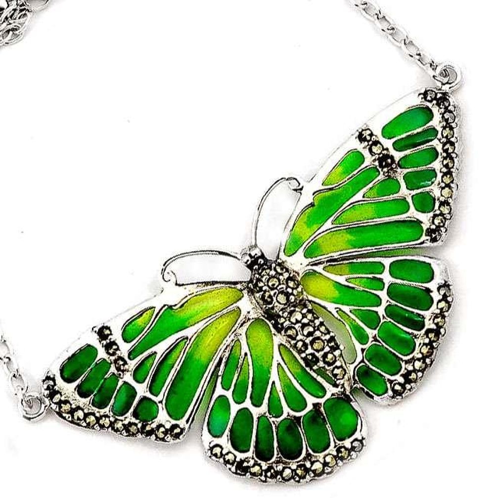 BUTTERFLY GREEN ENAMEL MARCASITE 925 STERLING SILVER CHAIN NECKLACE H20761