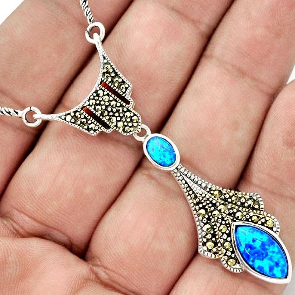 CHARMING BLUE AUSTRALIAN OPAL MARCASITE 925 STERLING SILVER NECKLACE H32857