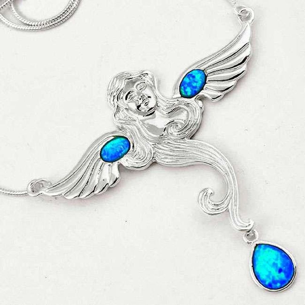 ELITE BLUE AUSTRALIAN OPAL ANGLE WINGS 925 STERLING SILVER CHAIN NECKLACE H21000