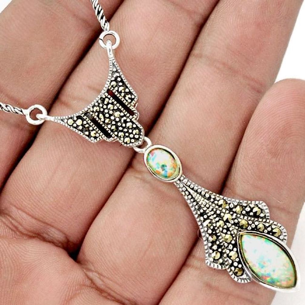 EXCELLENT PINK AUSTRALIAN OPAL MARCASITE 925 SILVER NECKLACE JEWELRY H32860