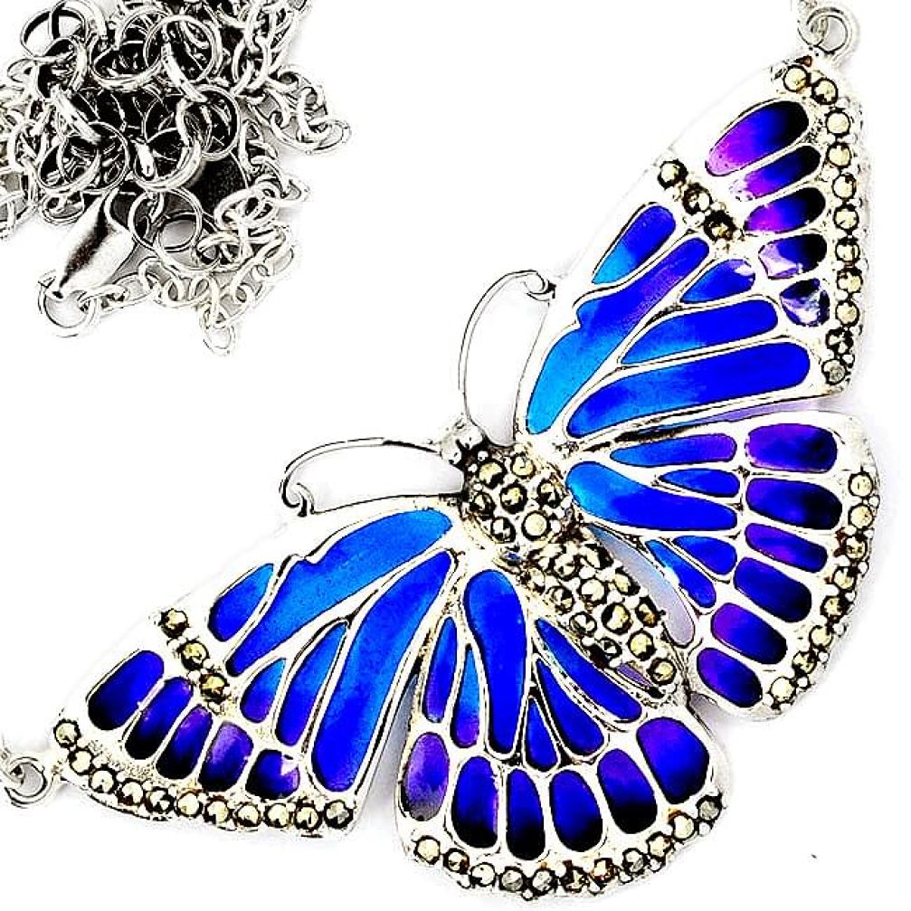 FINE MARCASITE BLUE PURPLE ENAMEL 925 SILVER BUTTERFLY CHAIN NECKLACE H29956