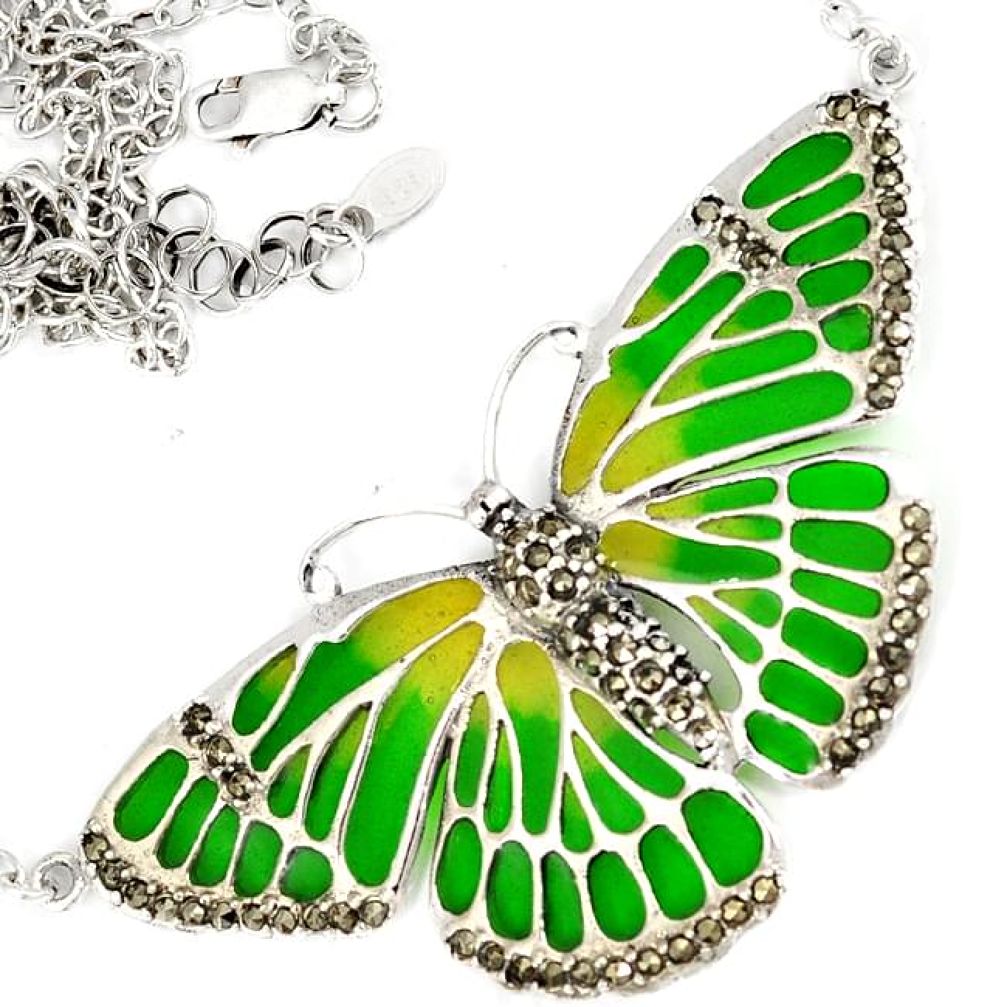 FINE MARCASITE GREEN YELLOW ENAMEL 925 SILVER BUTTERFLY CHAIN NECKLACE H29960