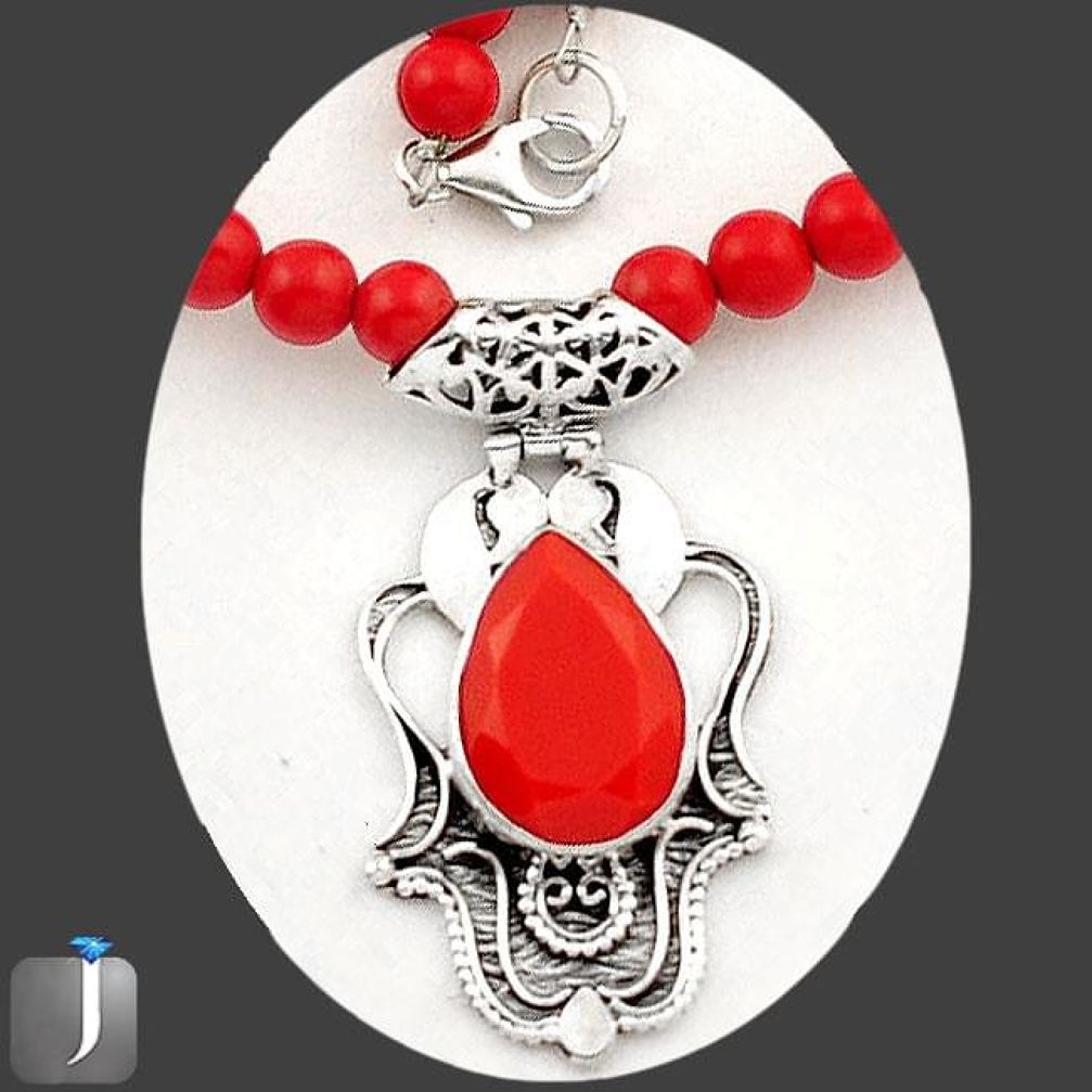 101.18cts FINE RED CORAL 925 STERLING SILVER BEADS NECKLACE PENDANT E40865