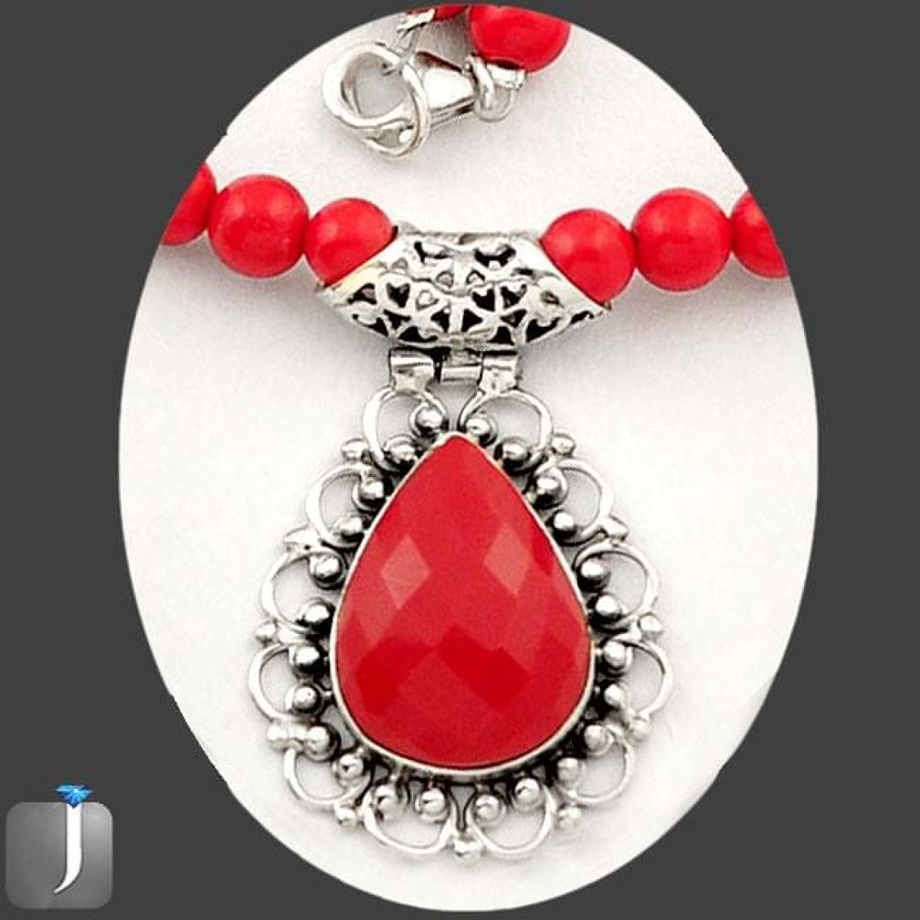 98.15cts FINE RED CORAL 925 STERLING SILVER BEADS NECKLACE PENDANT E40867
