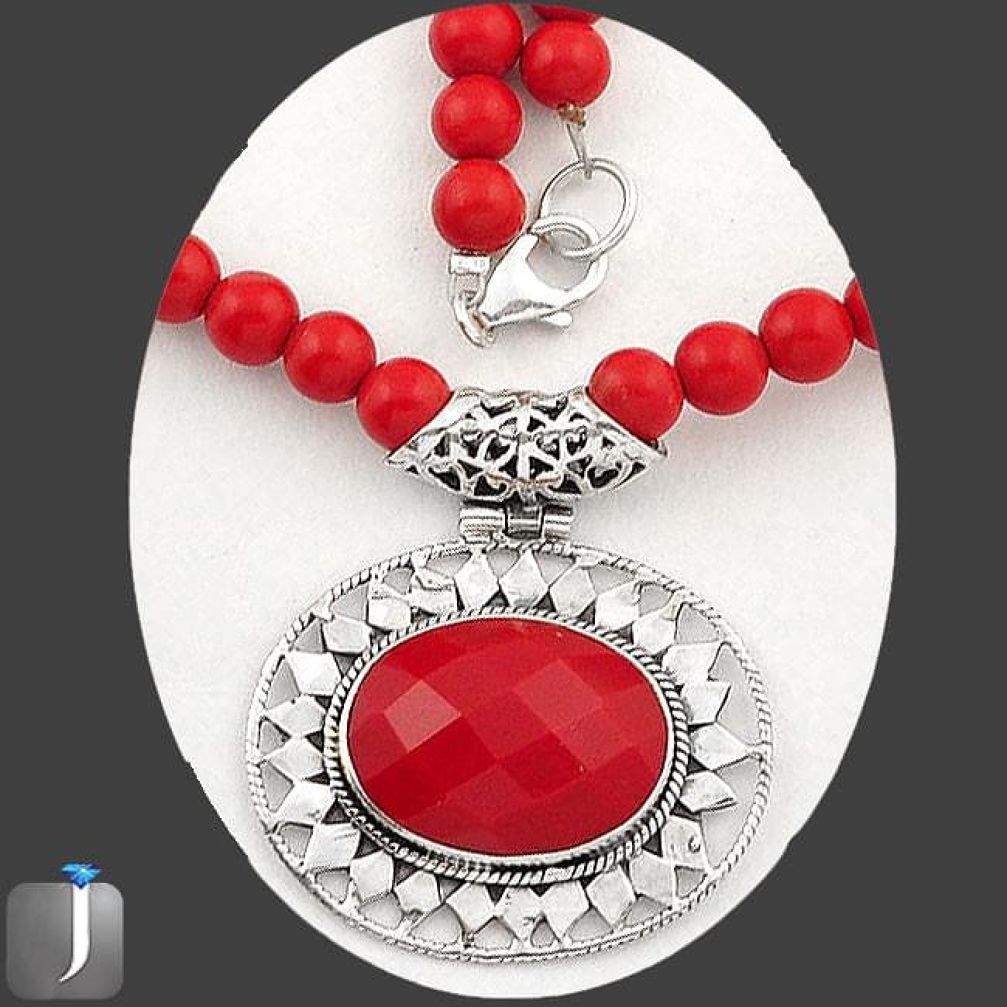 103.75cts FINE RED CORAL 925 STERLING SILVER BEADS NECKLACE PENDANT E40879