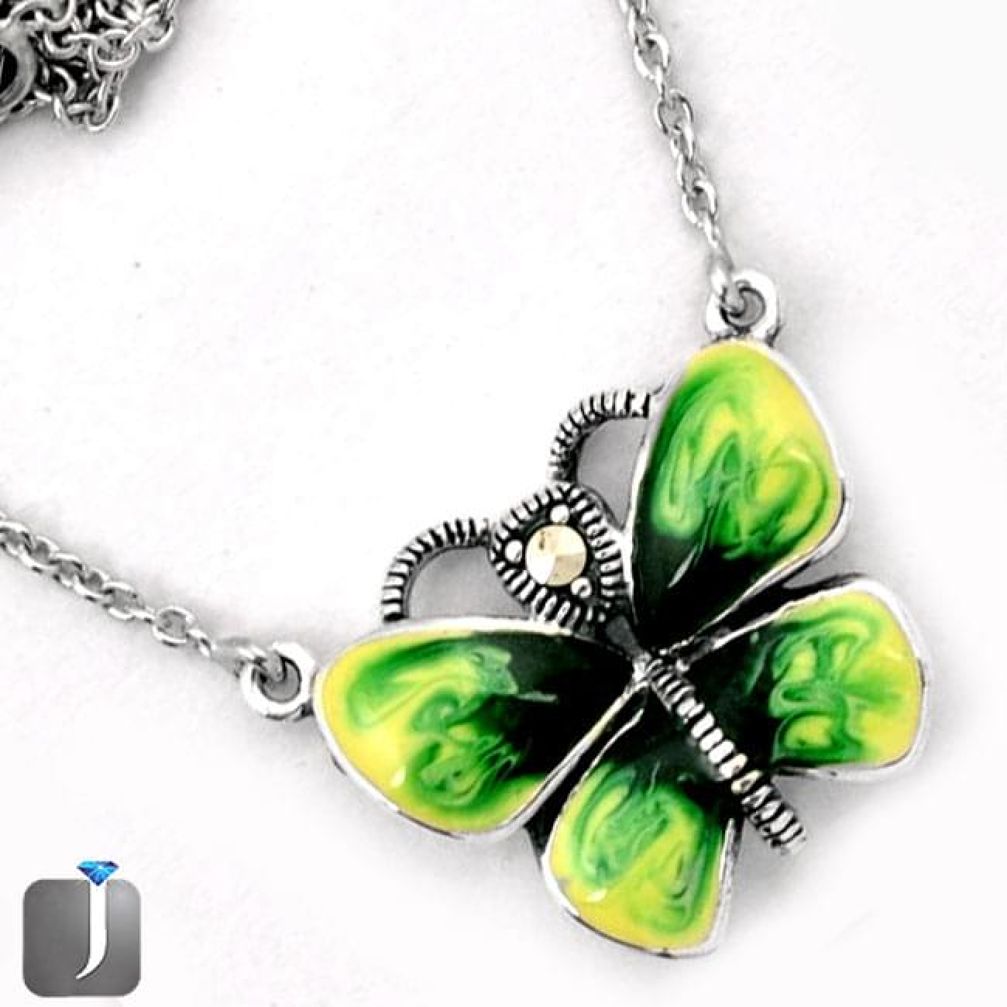 GREEN ENAMEL BUTTERFLY CHARM MARCASITE 925 SILVER NECKLACE CHAIN JEWELRY G44845