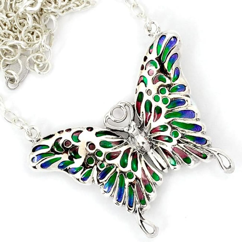 GREEN PURPLE ENAMEL 925 STERLING SILVER BUTTERFLY CHAIN NECKLACE JEWELRY H6589