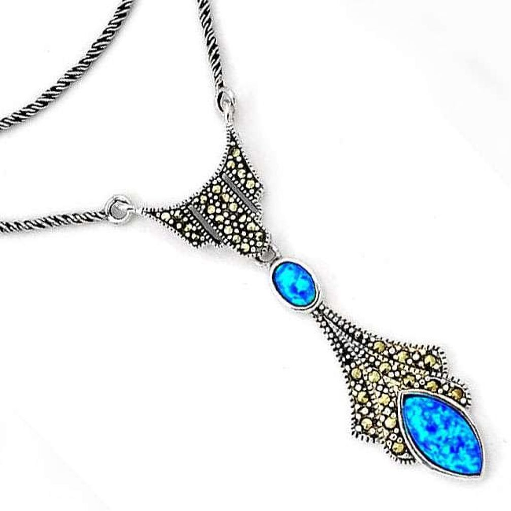 INCREDIBLE BLUE AUSTRALIAN OPAL MARCASITE 925 SILVER CHAIN NECKLACE H20990