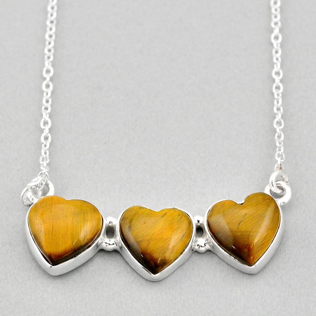 14.12cts 3 heart natural brown tiger's eye 925 sterling silver necklace t91508