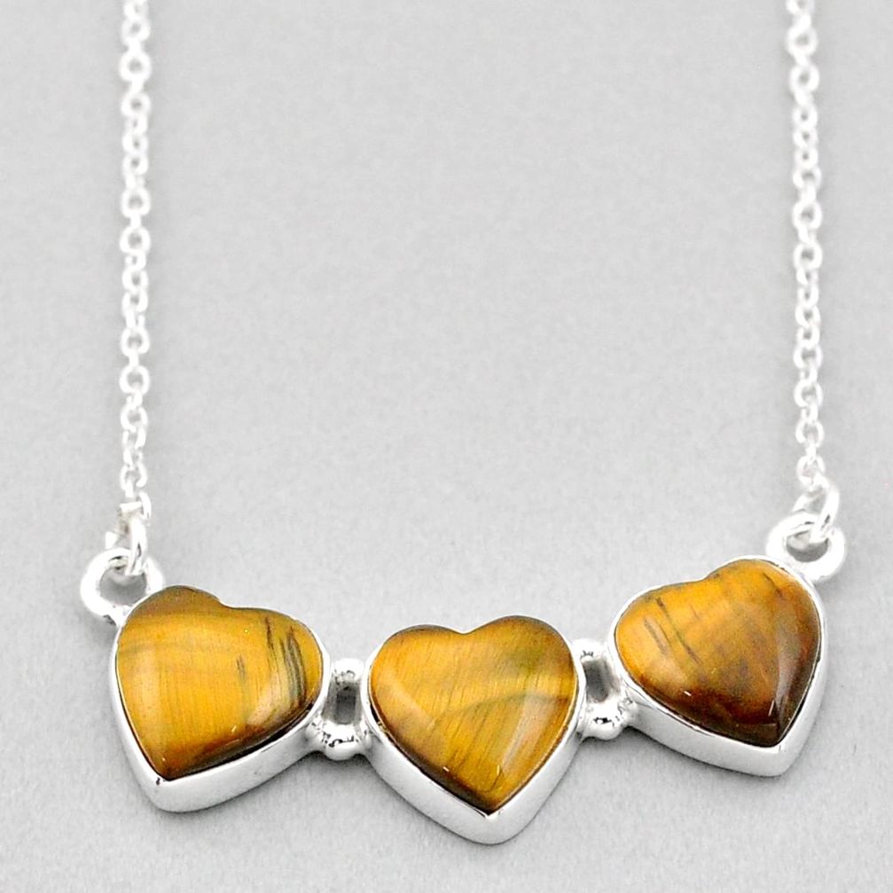 15.85cts 3 heart natural brown tiger's eye 925 sterling silver necklace t91531
