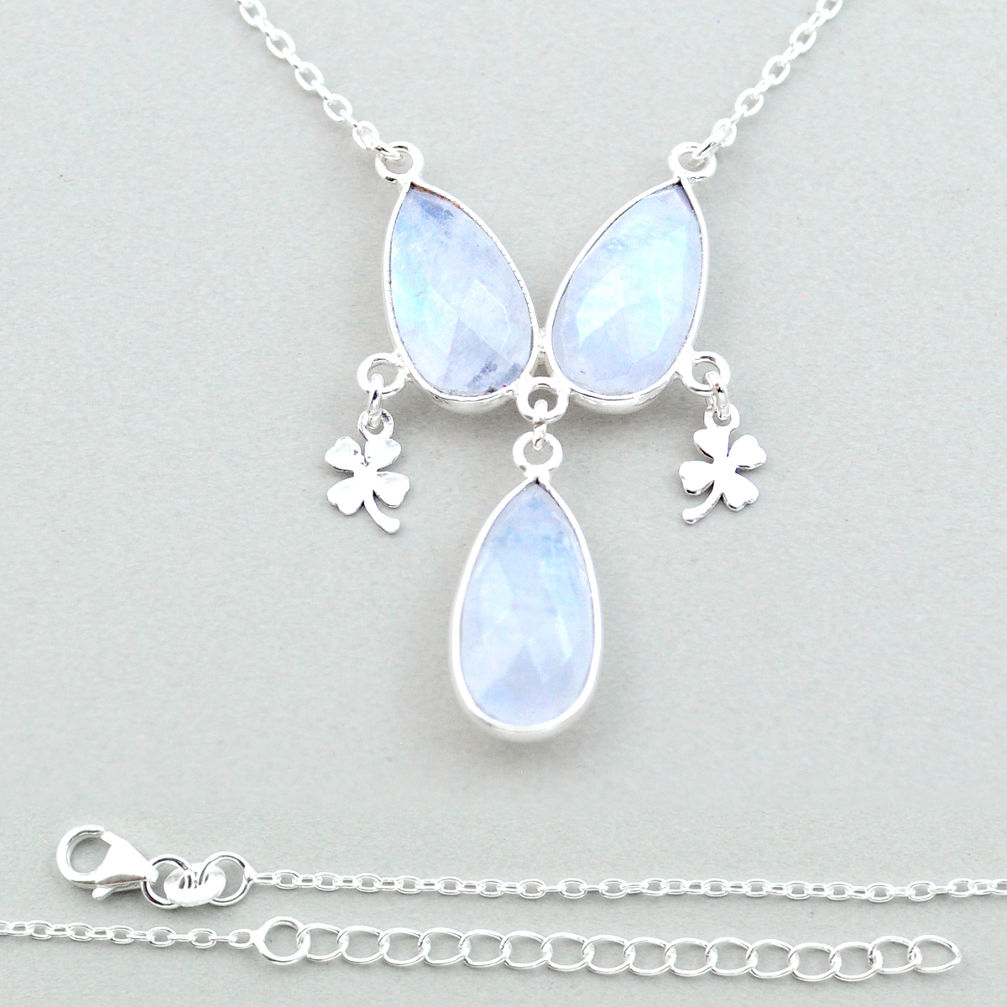 14.37cts 3 stone checker cut natural rainbow moonstone silver necklace u18998