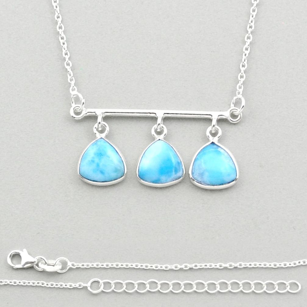 13.24cts 3 stone natural blue larimar 925 sterling silver necklace u15748