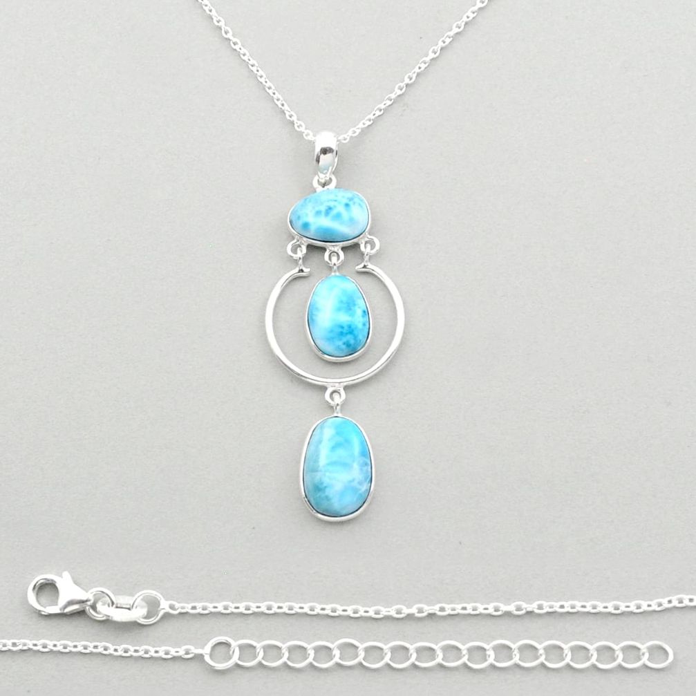 16.89cts 3 stone natural blue larimar oval 925 sterling silver necklace u15766