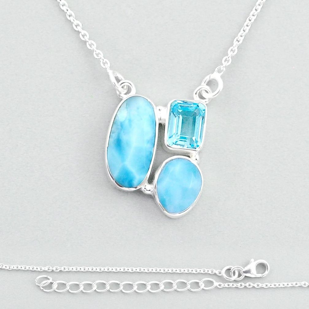 14.59cts 3 stone natural blue larimar topaz 925 sterling silver necklace u22641