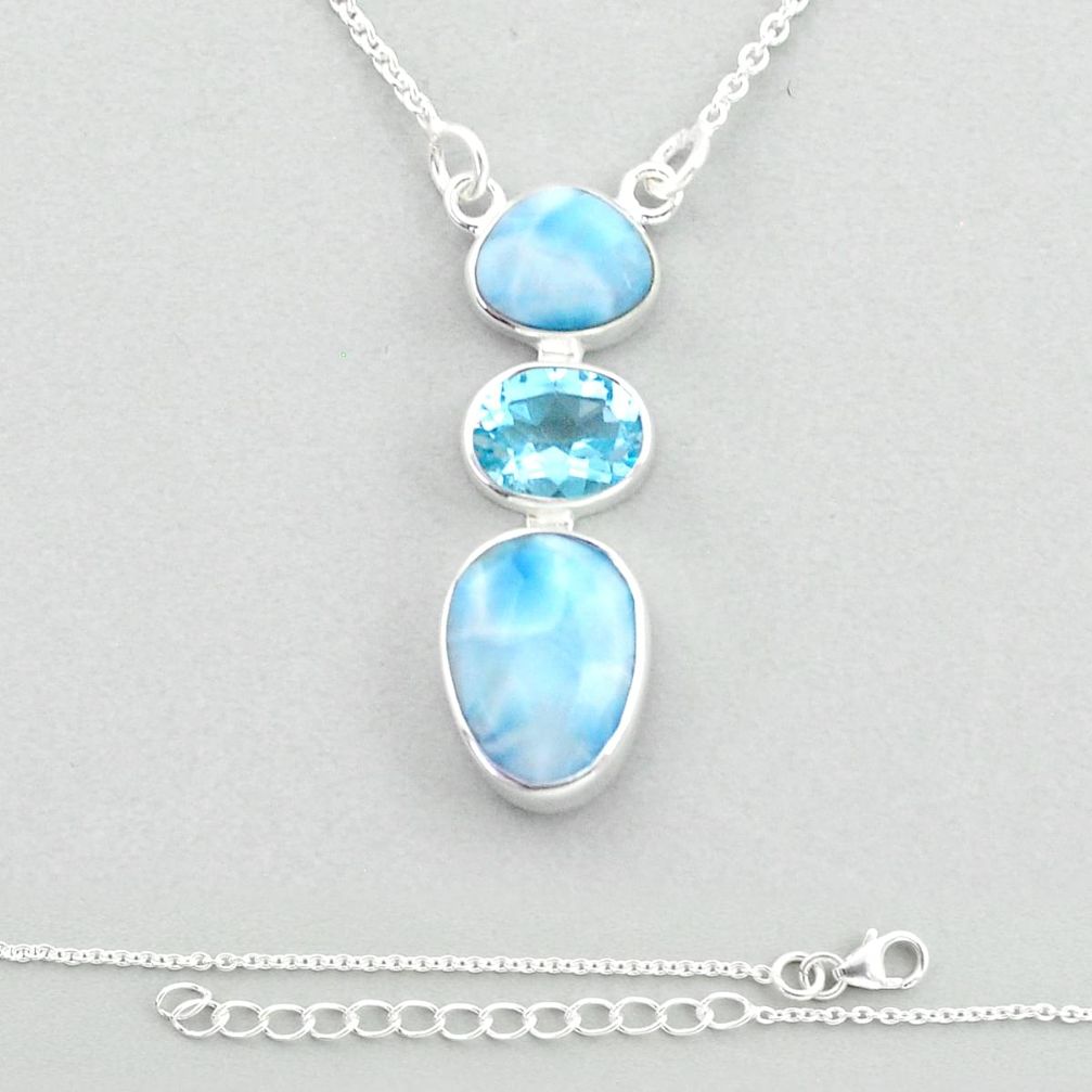 14.95cts 3 stone natural blue larimar topaz 925 sterling silver necklace u22648