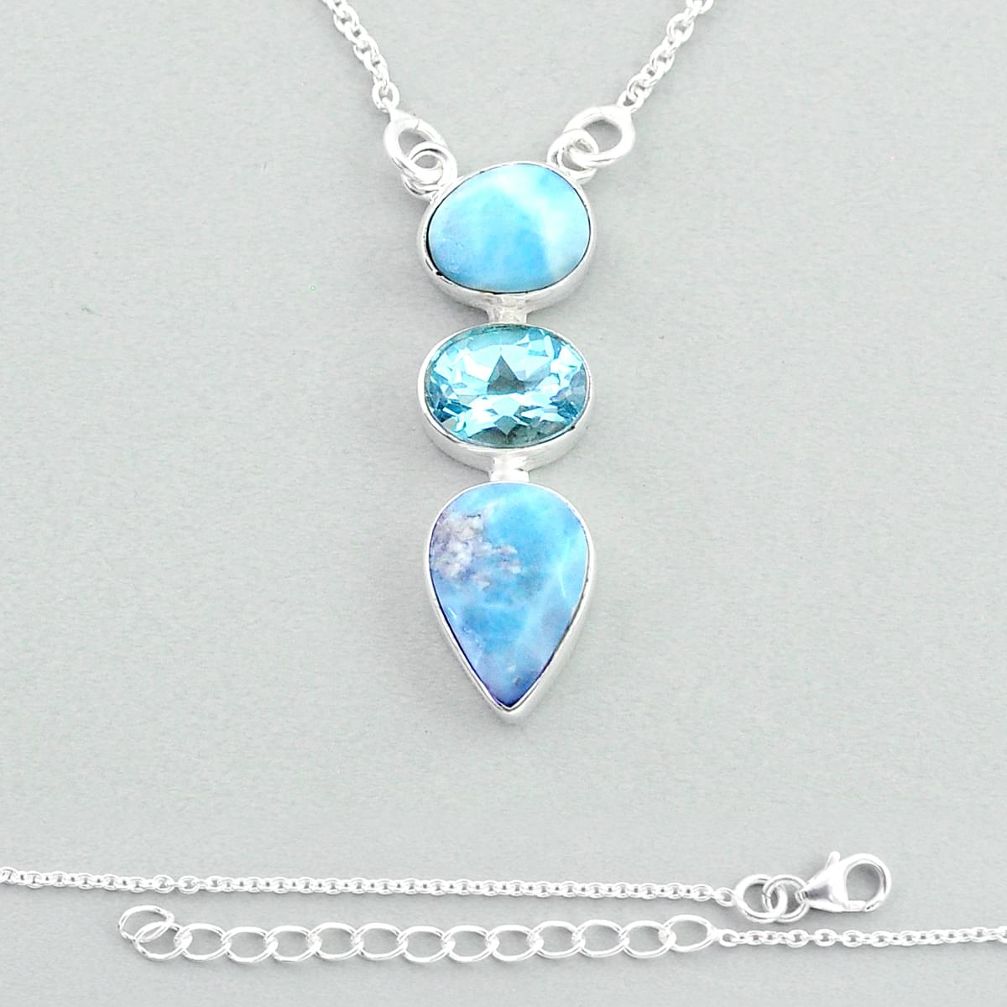 14.59cts 3 stone natural blue larimar topaz 925 sterling silver necklace u22654